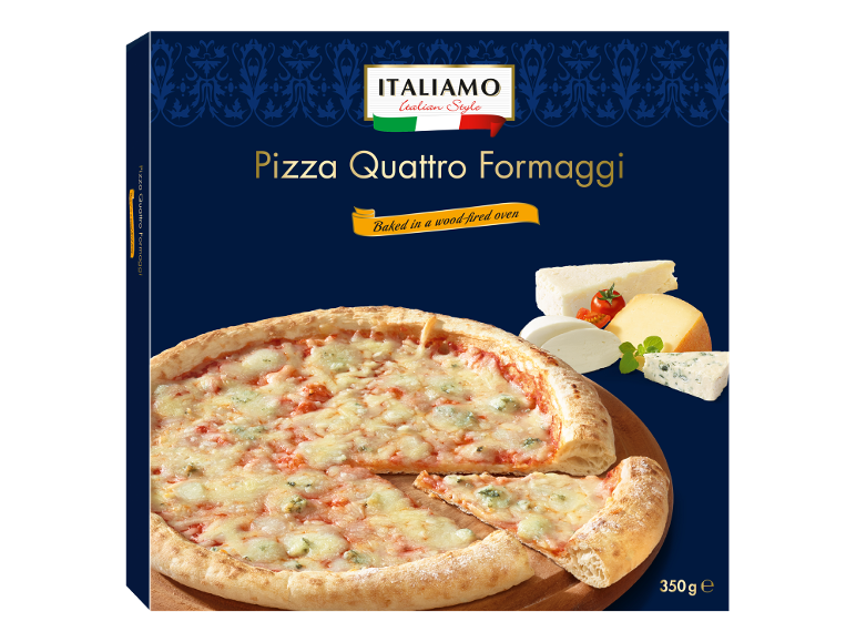 Wood-fired Quattro Formaggi pizza with cheeses and tomatoes, 350g.