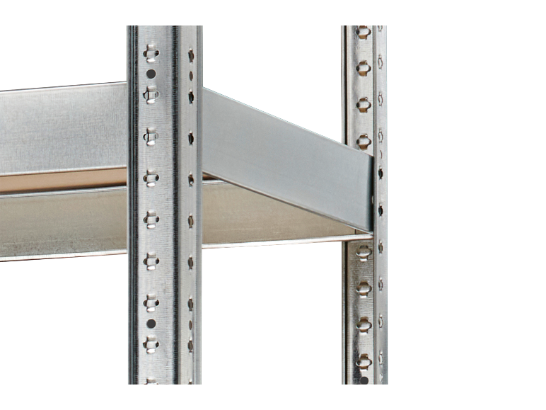Metal shelving system with perforated uprights and shelves.