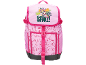 Pink backpack with a puppy motif and the text 'WE'VE GOT DINOS TO SAVE!'