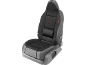 Black car seat cushion with red stitching and lumbar support