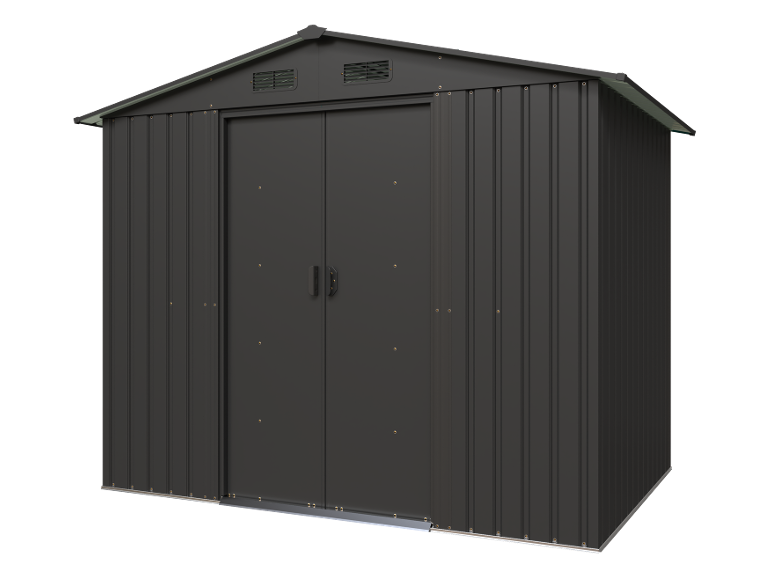 Anthracite metal garden shed with double doors and ventilation.