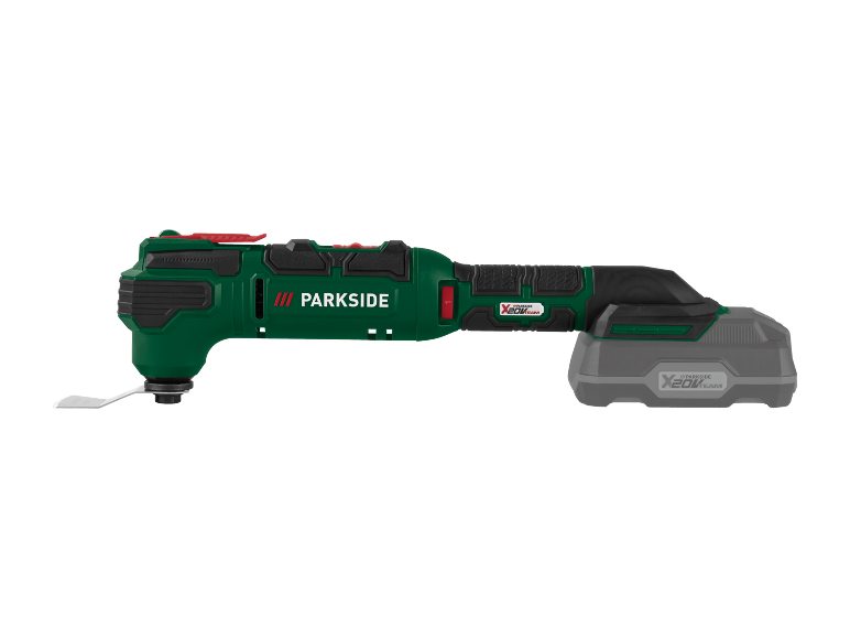 Cordless multi-tool with battery and attached blade.