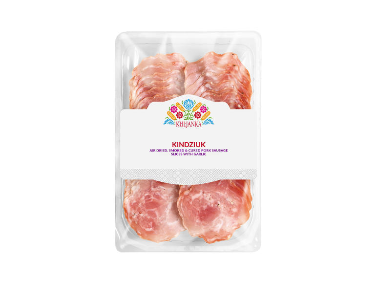 Pikok Kindziuk air-dried, smoked & cured pork sausage slices with garlic in packaging.