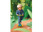 Child in helmet and denim jacket, riding a scooter in a paper jungle setting.
