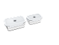 Two rectangular clear food storage containers with white lids and gray valves.