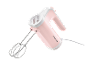 Pink electric hand mixer with stainless steel beaters.