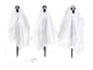 Three white Halloween ghosts with illuminated faces and ground stakes.
