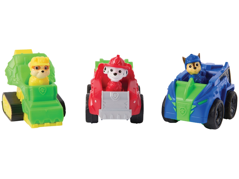 Three toy vehicles with puppy figures: a green one, a red one, and a blue one.