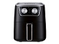 Black air fryer with silver temperature and timer control knobs.