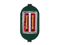 Green toaster with two slices of bread toasting, glowing red inside.