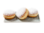 Three sugared doughnuts with powdered sugar on a rectangular tray.