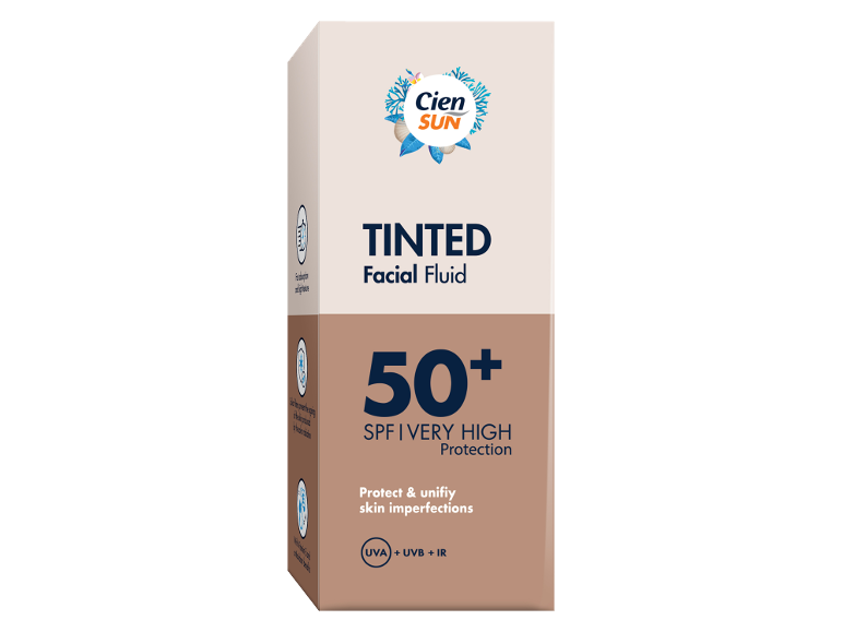 Tinted facial fluid SPF 50+ that protects and unifies skin imperfections.