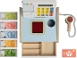 Wooden toy cash register with paper money, credit card, and phone.