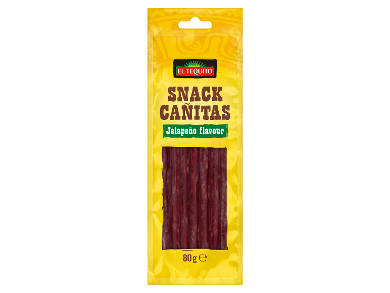 Meat snack with jalapeño flavor in a yellow package, 80g.