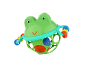 Green frog-shaped baby rattle with colorful rings and balls.