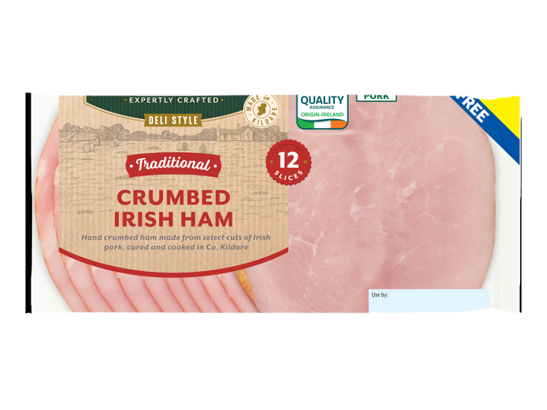 Crumbed Irish ham, deli style, with 12 slices, made from Irish origin pork.