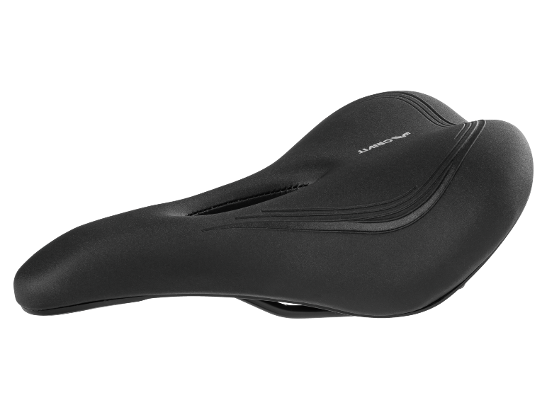 Black comfortable bicycle saddle with ergonomic design and embossed details.