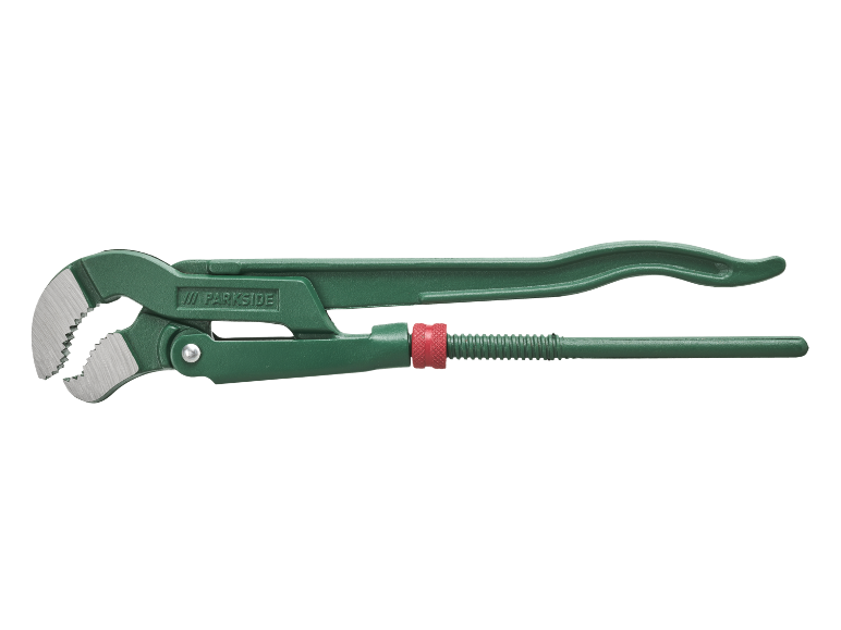 Green pipe wrench with serrated jaws and an adjustable red knob.