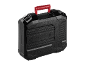 Black transport case with red handle, for power tools.