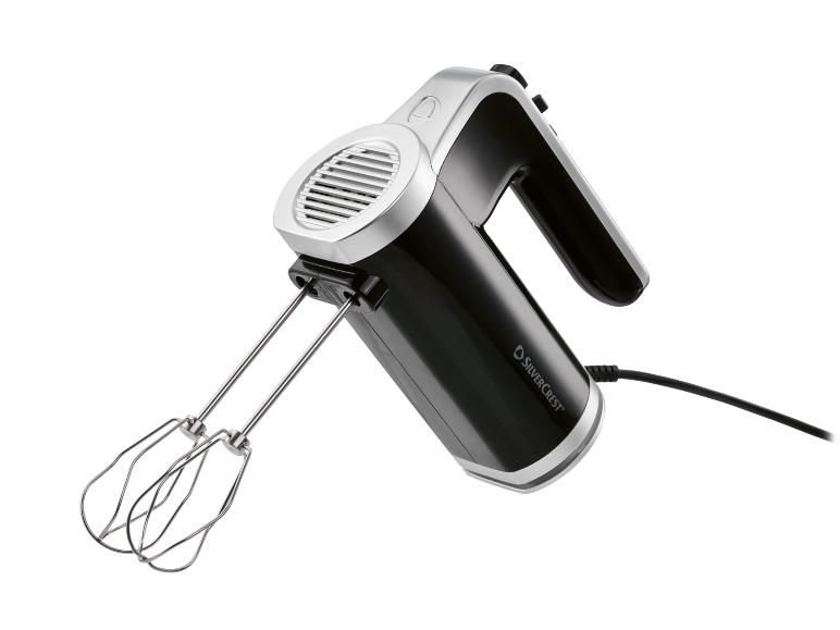 Black and silver electric hand mixer with metal whisks