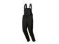 Black work overalls with red stitching and pockets.