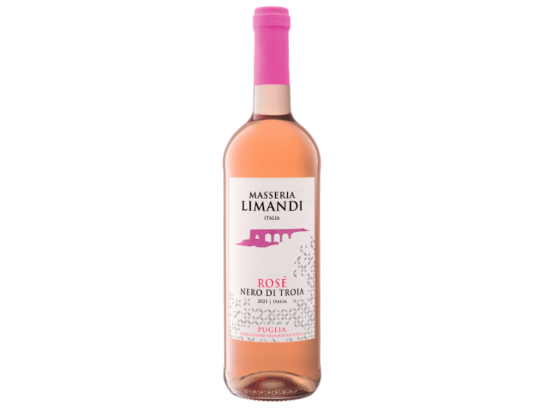 Bottle of rosé wine with a white label and a bright pink cap.