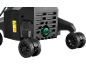 Bottom part of a pressure washer with wheels, a green hose connection, and warning stickers.