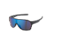 Black sports sunglasses with blue mirrored lenses and CE 10/2023 CAT.3 details