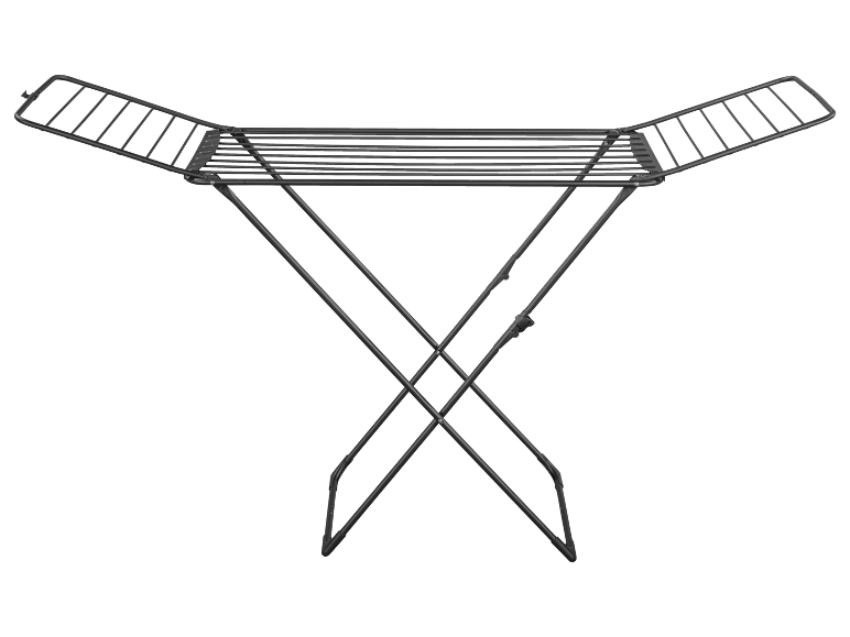 Dark grey foldable clothes drying rack with side wings.