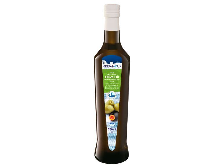 750 ml bottle of Greek extra virgin olive oil with a blue and green label.