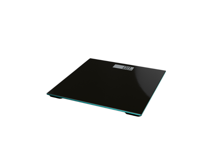 Black digital bathroom scale with a display showing 0.0 kg.