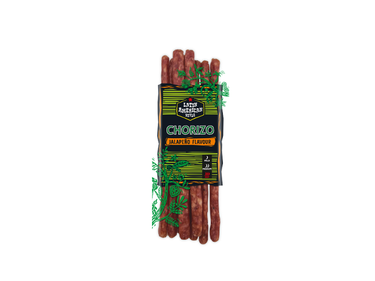 Latin American Style Chorizo jalapeño flavour sausages in packaging.