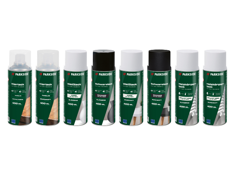 Eight 2-in-1 lacquer and primer spray cans, including clear, white, black, and radiator paint, in glossy and satin finishes.