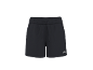 Black athletic shorts with a drawstring and a white logo.