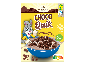 Chocolate cereal balls with milk in a blue bowl, featuring a cartoon rabbit on a yellow box.