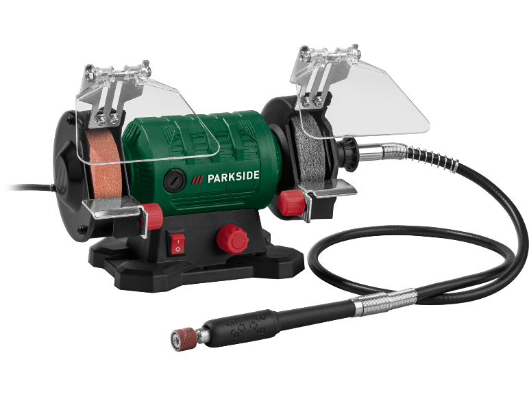 Bench grinder with flexible shaft and accessories for precision work.