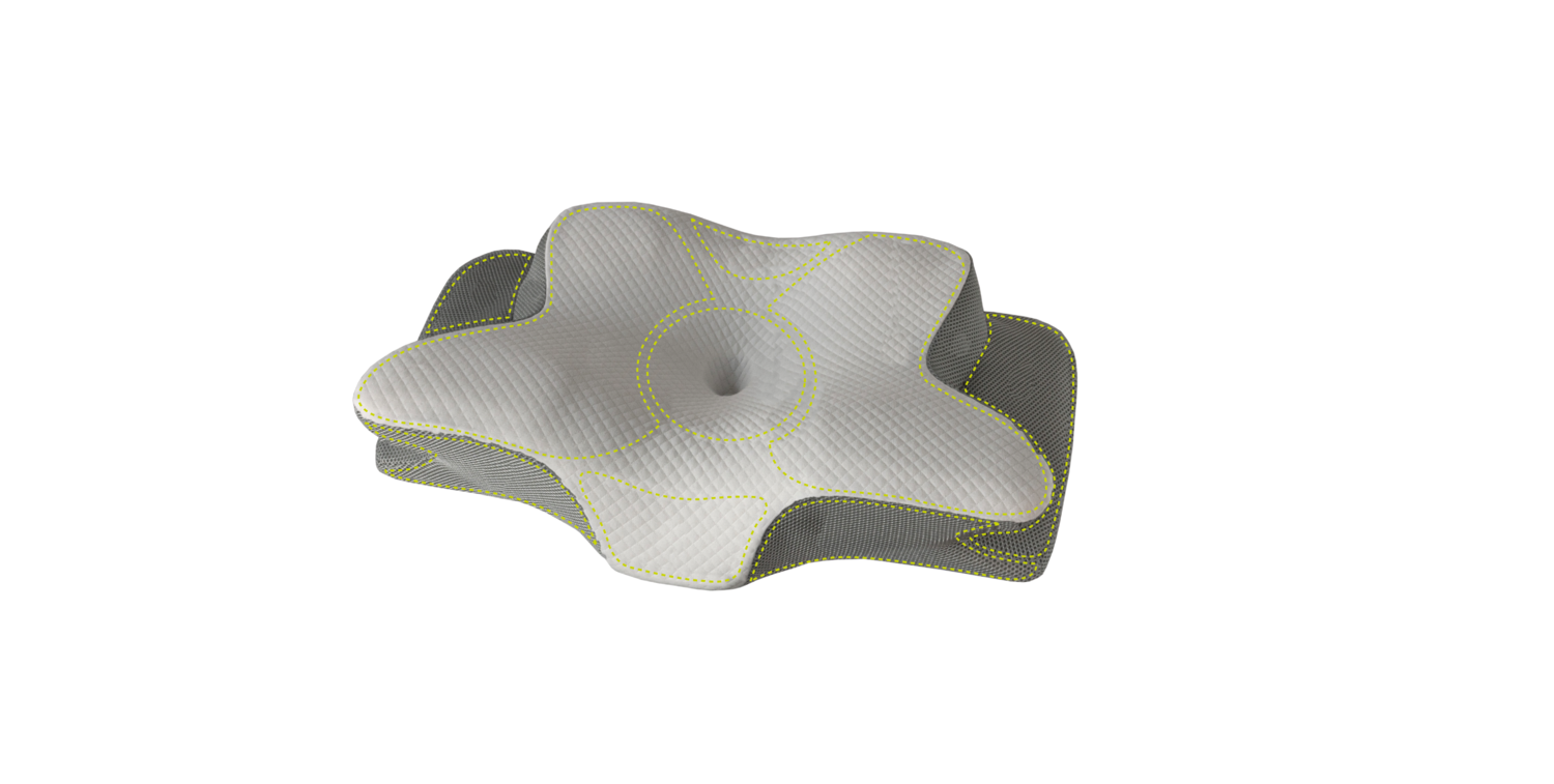 White and grey ergonomic pillow with yellow decorative stitching.