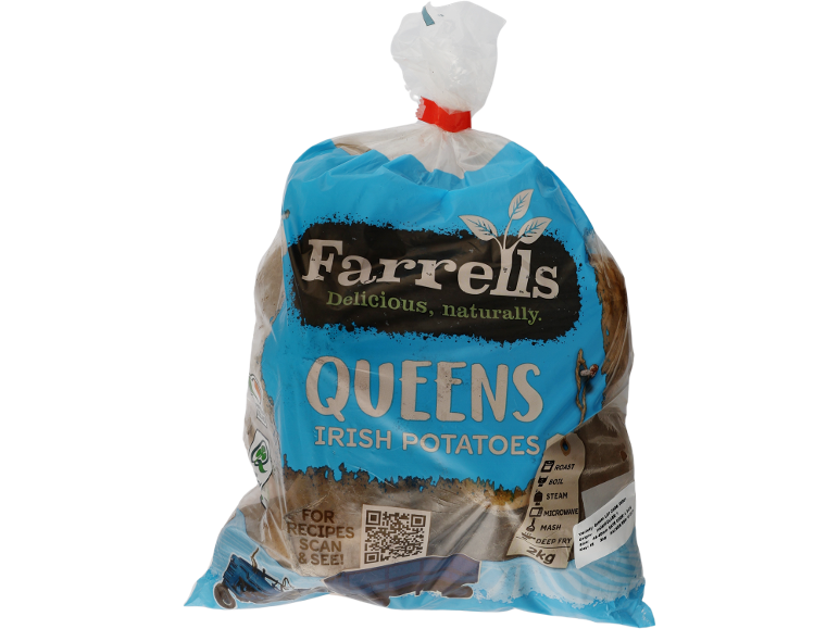 A bag of Irish potatoes with labels stating 'QUEENS IRISH POTATOES' and '2kg'.