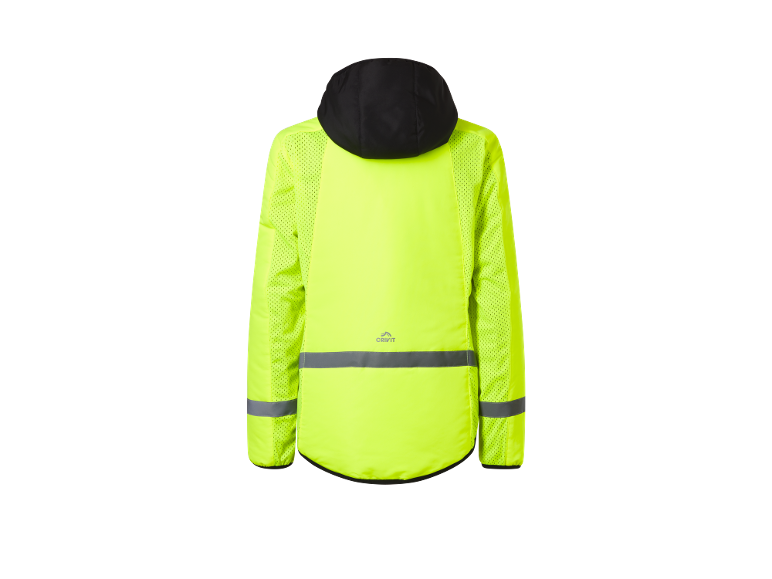 Neon yellow cycling jacket with black hood and reflective details.