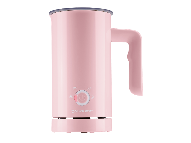 Pink milk frother with four settings and a power button.