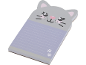 Cat head shaped notepad in grey with a cartoon face and purple lines