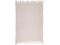 Off-white woven rug or blanket with fringes on two sides.