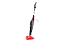 Black and red upright steam mop with a cord.