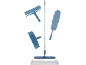 Cleaning set with mop, broom, window squeegee, and duster.