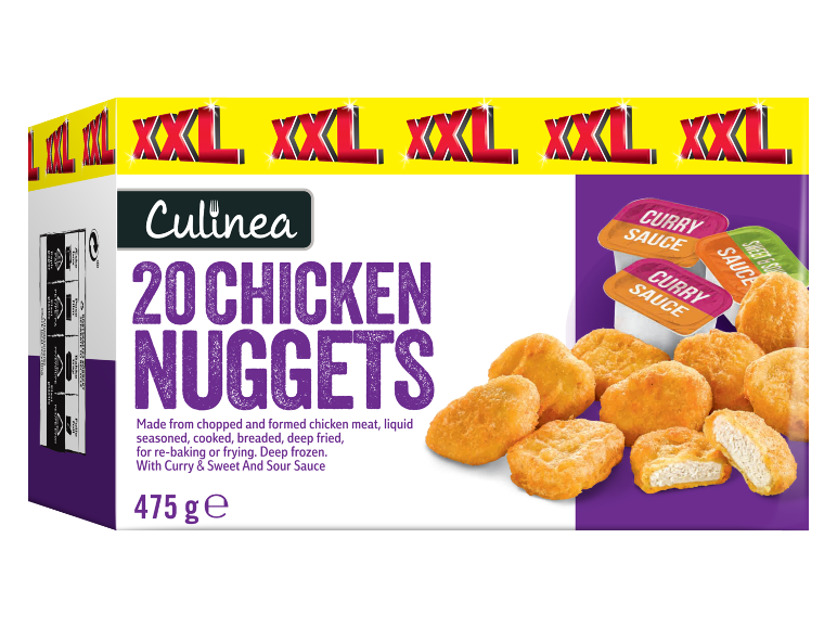 XXL 20 chicken nuggets with curry and sweet & sour sauce, 475g.
