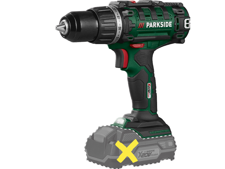 Green and black cordless drill with battery, with a yellow X symbol on the battery.