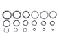 An assortment of black O-rings in various sizes, arranged in rows.