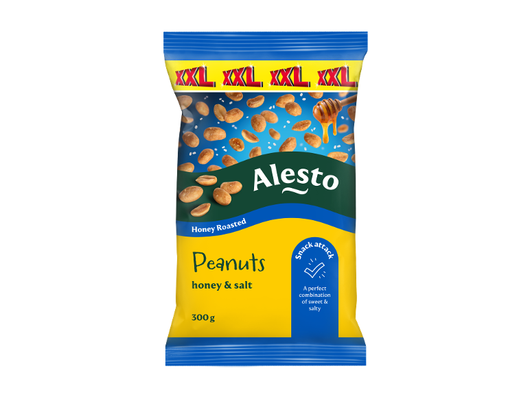 Bag of honey roasted and salted peanuts, 300g, with 'XXL' branding.