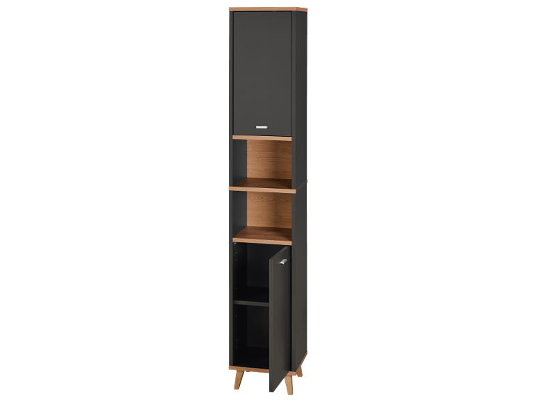 Tall cabinet with grey doors and wooden shelves, with one bottom door open.