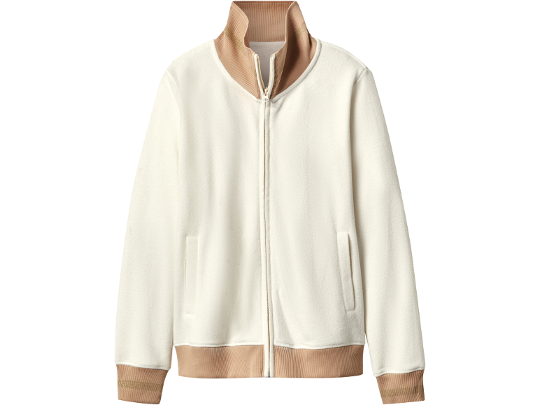 White zip-up fleece jacket with a beige collar and cuffs